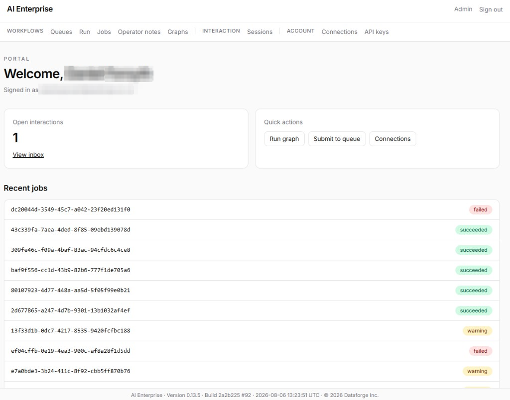 AI Enterprise portal home showing open interactions, quick actions, and recent job status