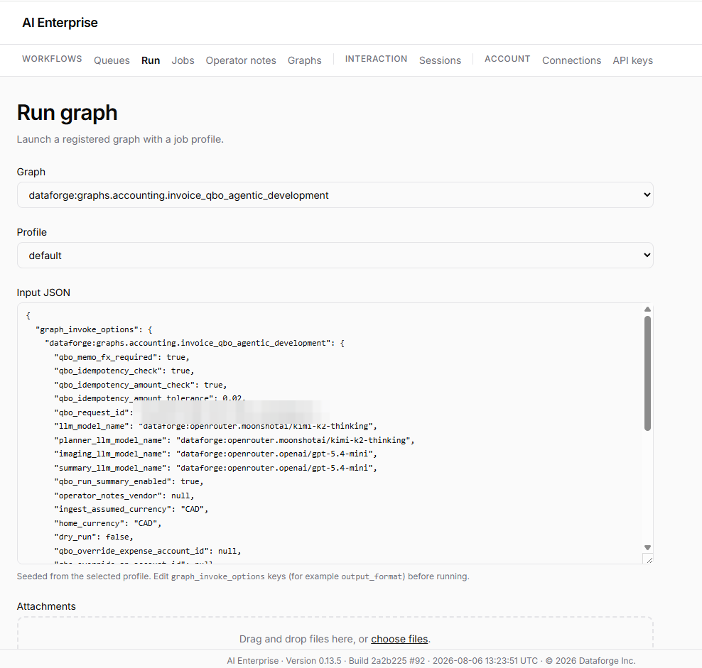 AI Enterprise run graph screen for launching a registered workflow with input JSON and attachments
