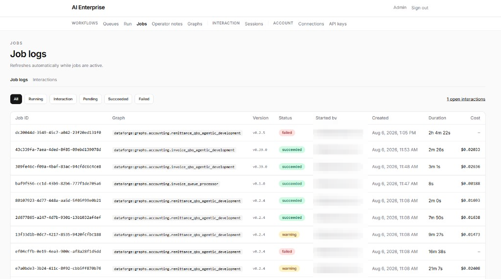 AI Enterprise job logs showing filterable run history with status, duration, and cost