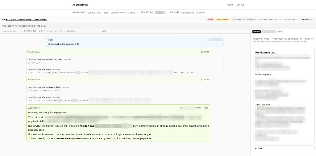 AI Enterprise remittance interaction session checking for a duplicate payment with QBO tools and review panel