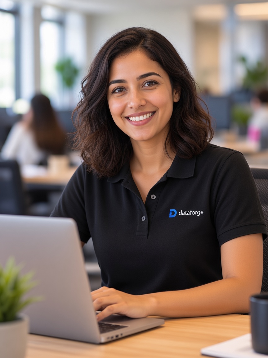 A Dataforge team member working on a laptop