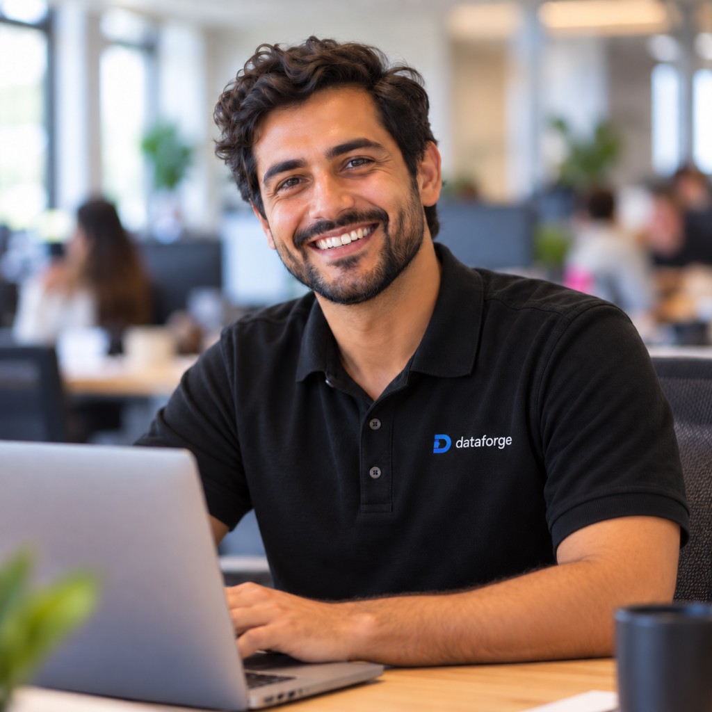 A Dataforge team member working on a laptop