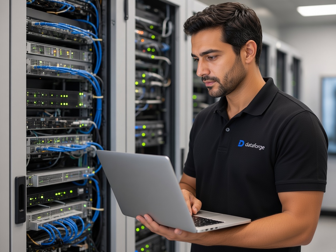 A Dataforge team member working beside a server rack
