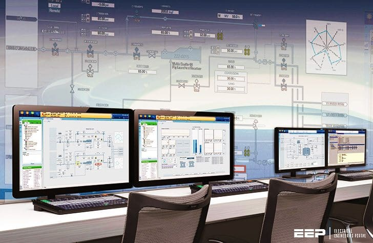 Industrial control room with SCADA monitoring workstations displaying process diagrams and live plant data